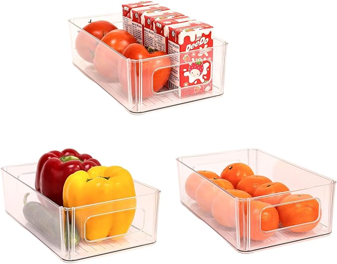 Refrigerator Organizer Bins 3 Pack Fridge Organizers with Handles Clear Freezer Storage Containers for Pantry, Cabinets,Shelves, Drawer – Plastic Kitchen Organizers
