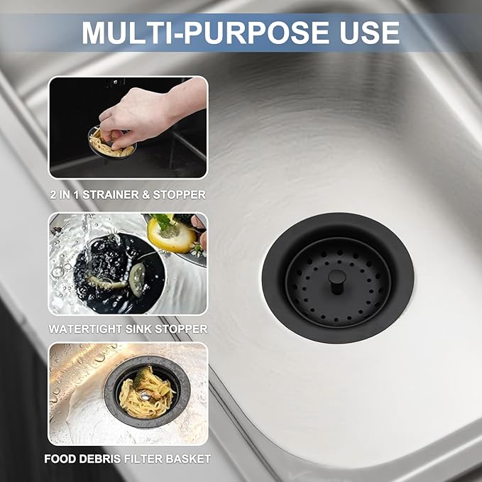 ZM Kitchen Black Sink Stainless Steel Basket Strainer with Drain Assembly, 3-1/2 Inch Sink Drain Stopper Plug
