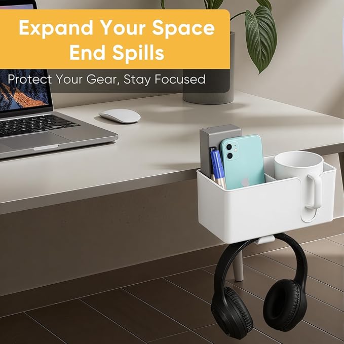 4-in-1 Clip On Desk Cup Holder - Adjustable Mountable Cup Holder with Divider & Rotating Hook - Large No Spill Clamp On Drink Holder Attachment - for Desk Chair Table Bed Tray - White