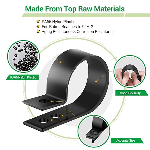 Cable Clips for Cable Management Cord Organizer, 6 Sizes 300 PCS Nylon R-Type, 3/16'' 1/4'' 3/8'' 1/2'' 3/4'' 1'' Black Plastic Screw Mounting Cord Fastener Clamp Assortment Kit with M4 Screws