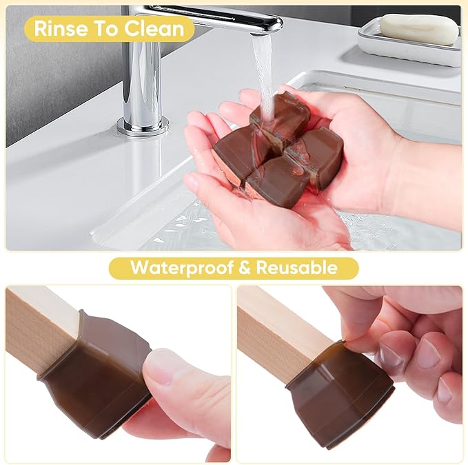 BALEINE 16 Pack Silicone Chair Leg Floor Protectors, Stool Leg Protectors Cap, Non-Slip Chair Leg Caps for Hardwood Floors (Brown & Small (Square), 16 Pack)
