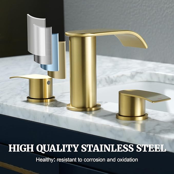 Ultimate Unicorn 8 inch Bathroom Faucet Brushed Gold, Waterfall Bathroom Faucet with Metal Pop-up Sink Drain Stopper and 2 Supply Hoses,2 Handle Widespread Faucets for Vanity Sink 3 Holes