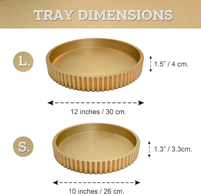 Modern Table Round Decorative Trays 2pcs Home Decor - Circle Coffee Table Centerpiece Set 12"/10" - Wooden Golden Ottoman Tray with Fluted Edge