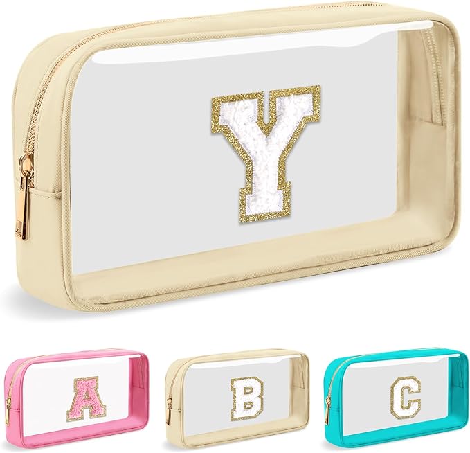 Personalized Initial Letter Clear Makeup Bag, Preppy Small Nylon&PVC Cosmetic Zipper Bag with Chenille Letter, Portable Beach Travel Skincare Toiletry Bag, Trendy Monogram Gift for Teen Girls Women, Y