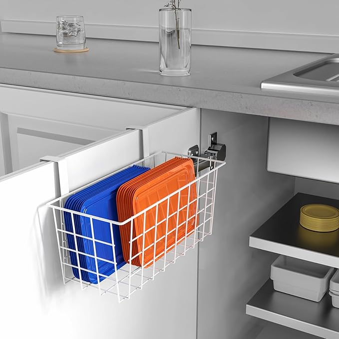 MaraFansie Basket with Hook, Grid Storage Basket, Over the Cabinet Door Organizer, Wire Hanging Basket with Hook Over the Railing, Under Sink Kitchen Cabinet, Pantry, Bathroom, White, 2 Pack