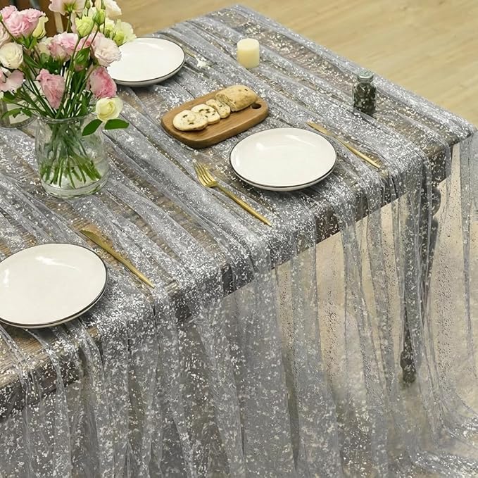 Horaldaily Grey Sliver Tablecloth 60x84 Inch Rectangular, Sliver Glitter Metallic Foil Foil, Sheer Tulle Cheesecloth for Wedding Baby Shower Ceremony Birthday
