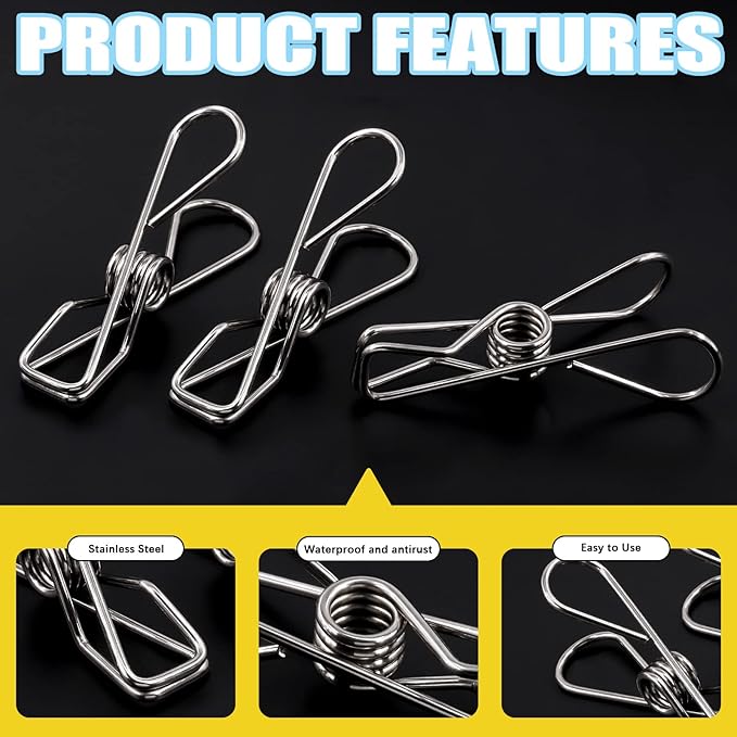 145 Pcs Multi-Purpose Stainless Steel Clothes Pins with Spring Lanyard Hook, 4/6/8 CM Windproof Metal Wire Utility Clips Clothespin, Bag Clips, Heavy Duty Tightly Seals Chip for Home Office