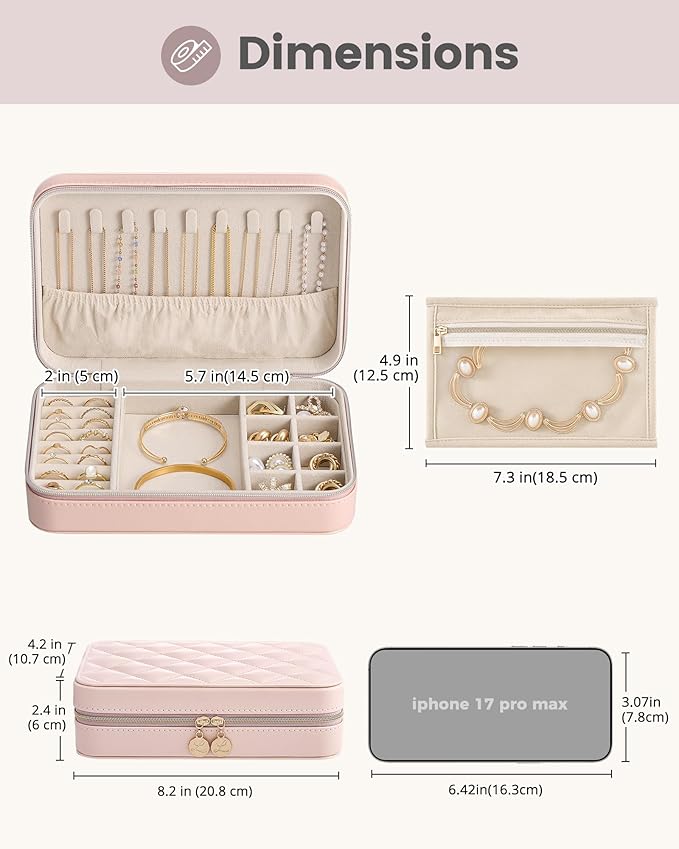 Lolalet Travel Jewelry Case for Women Girls, Travel Jewelry Organizer with Clear Storage Bag Small Portable Jewelry Box for Necklace Bracelet Earring Ring Valentine's Bridesmaid Gifts -Large/Pink