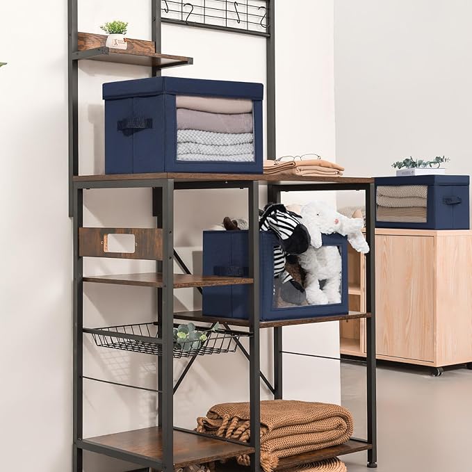 Foldable Storage Boxes with Clear Window - Clothes Organizers and Storage, Decorative Bins with Lid, Fabric Storage Cube, Storage Baskets for shelves, Yarn, Home, Navy blue, 3 Pack