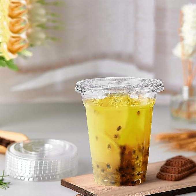 TashiBox 16oz-100 Count Plastic cups with flat lids | Disposable Plastic Ice coffee Cups to go | Crystal Clear