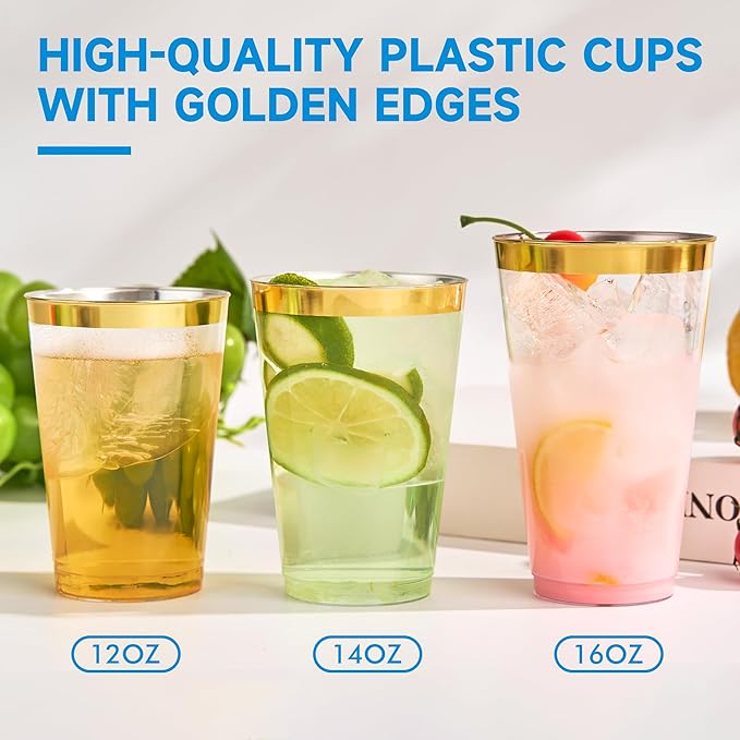 RACETOP 14 oz 200 Pack Disposable Plastic Cups with Gold Rim, Disposable Gold Rim Plastic Cups for Parties, Weddings, Gatherings, and Festival Events
