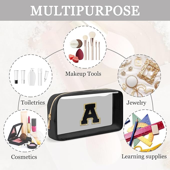 Small Clear Personalized Initial Makeup Bag,Nylon Preppy A-Z Chenille Letter Patch Cosmetic Pouch Beach Toiletry Bag,Waterproof Zipper Travel Purse Storage Bag Organizer for Women Girls(Black-Black A)