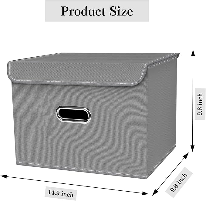 Linen Fabric Foldable Collapsible Storage Cube Bin Organizer Basket with Lid, Leather Handles, Removable Divider for Home, Closet (Grey, 3Pcs)