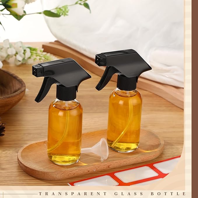 Fumete 2 Pack Glass Bottles 4oz Empty Refillable Liquid Containers with 1 Label 1 Funnel for Essential Oils Hair Travel Plants Cleaning Skin Care(Clear, Black Top,Spray Bottle)