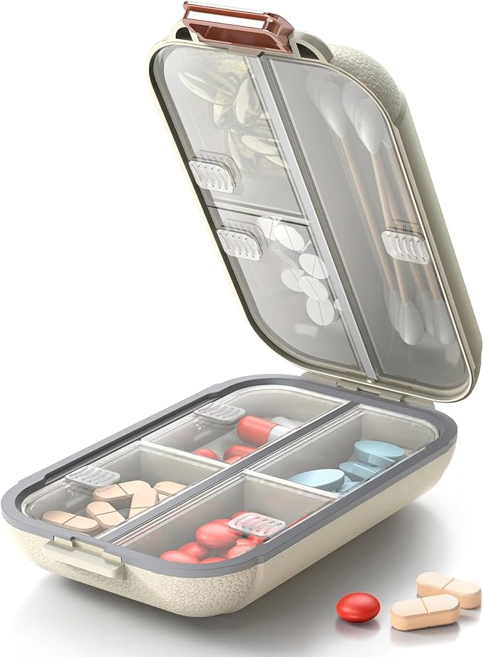 Portable Pill Organizer, Pill Box with 7 Compartments, Small Pill Case for Travel, Daily Medicine Pill Organizer with Air-Tight Lid, BPA-Free Material Pill Container (White)