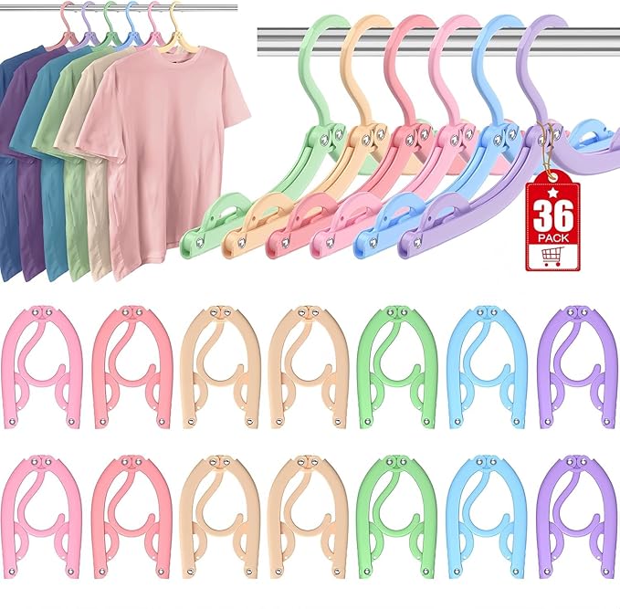 Travel Hangers Portable Foldable Travel Hanger Organizer, Plastic Cruise Ship Accessories Essentials Clothes Hanging Rack Folding Hangers for Traveling Camping Flying RV Suitcase (36, Brilliant Multi)