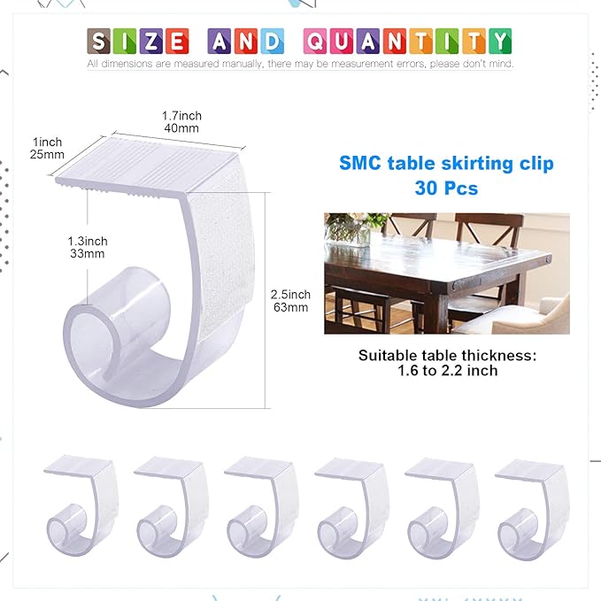Glarks 30 Pack Plastic Table Cover Clips Tablecloth Clips Table Skirting Clips with Hook and Loop for 1 3/5 to 1 4/5 inch Table Great for Indoor Outdoor Wedding Party Picnic Events