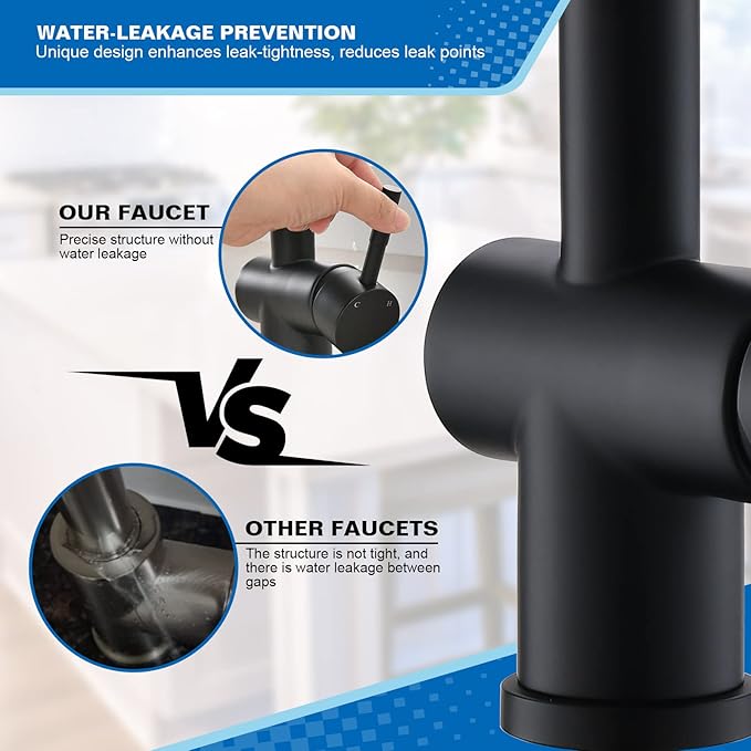 VFAUOSIT Commercial Spring Pull Down Kitchen Faucet with Dual Outlets – Matte Black 360° Rotating Lower Spout + High Pressure Sprayer, Single Handle Lever Stainless Steel for RV Farmhouse Sink