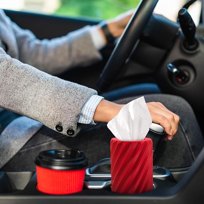 Car Tissue Holder, Refillable Round Cylinder with 3 Tissue Packs, Universal Fit for Vehicle Cup Holder, Home & Office, Car Accessories Interior (Red)