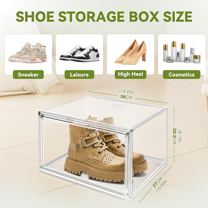 8 Pack Shoe Storage Organizer for Closet, Size 12.5 Sneaker Display Case Clear Stackable Plastic Shoe Boxes with Magnetic Acrylic Door, Fit up to US Size 12.5