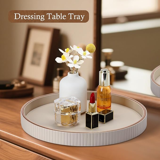 GORESE Round Decorative Tray for Coffee Table Decor, 12" PU Leather Serving tray Table Centerpiece Home Decor, Desk Valet Tray for Trinket Jewelry Perfume Key, Ottoman Tray Nightstand Organizer, Beige