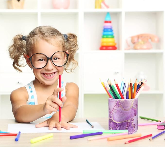 WAVEYU Pen Holder, Pencil Cup Desk Decor, Decorative Pencil Organizer, Makeup Brush Holder, Leather Multi-Functional Organizer for Office, Home, Classroom, Purple Marble