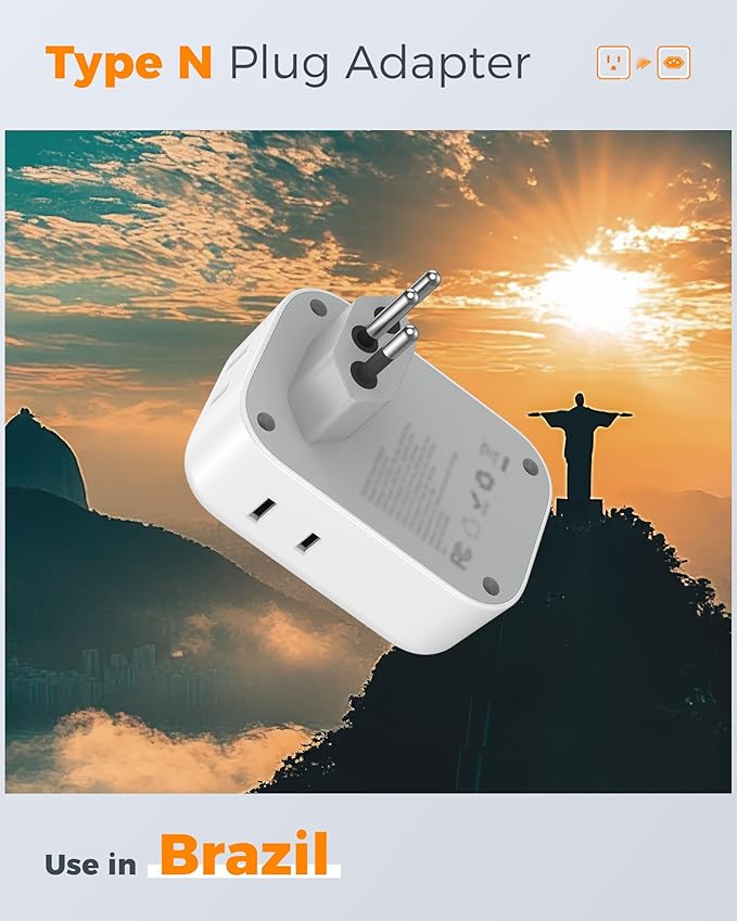 TESSAN Brazil Plug Adapter 2 Pack, 7-in-1 US to Brazil Power Adapter with 3 USB Ports (1 USB-C PD 20W Port), 4 American Outlets, Type N Travel Adapter for USA to Brazilian