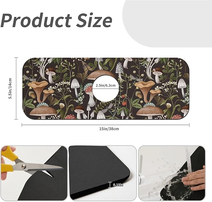 Kitchen Sink Splash Guard, Bobo Mushrooms Faucet Mat Sink Gadgets - Super Absorbent Fast Drying Mat Drip Catcher for Kitchen, Bathroom, Sink Mat, Dish Drying Mat, Bathroom (15" X 5.5")