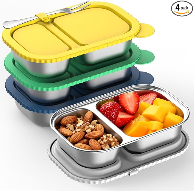 Stainless Steel Snack Containers with Silicone Lids, 4 Pack Reusable 2-Compartment Food Storage Containers, Snackle Box Container, Leak-Proof Metal Bento Lunch Box for School, Travel, Home