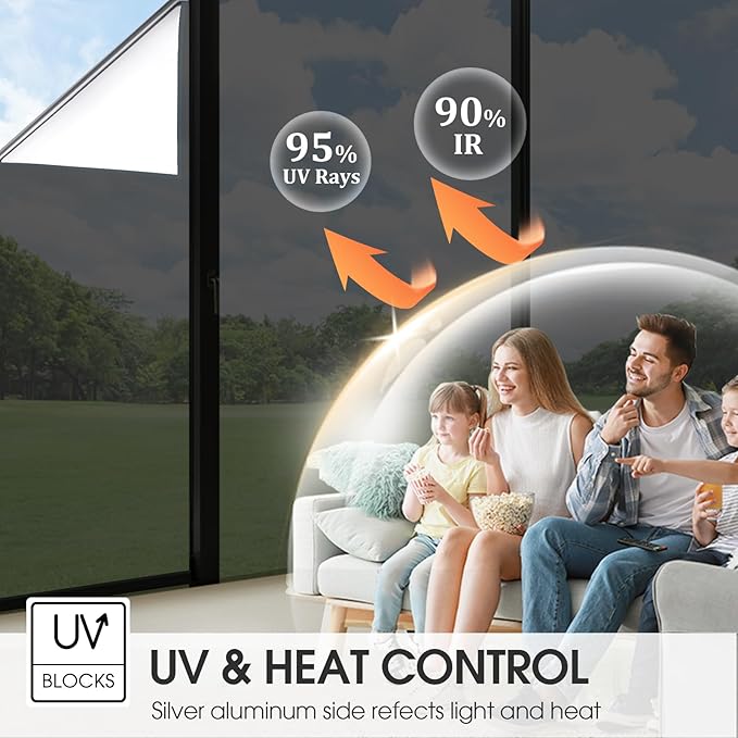 Window Film Privacy One Way Window Tint for Home Reflective See Out not in Light Heat Blocking for Doors and Windows(Black 23.6X393.7)