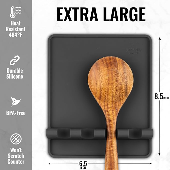 Zulay Kitchen Extra Large Silicone Utensil Rest with Drip Pad for Multiple Utensils - BPA-Free Heat-Resistant Spoon Rest & Spoon Holder for Stove Top - Kitchen Utensil Holder for Spoon - Black