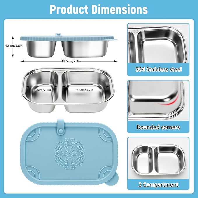 3 Pack Stainless Steel Snack Containers, 2 Compartment Snack Containers with Leakproof Silicone Lids, Divided Meal Prep Lunch Box Food Container for Travel, Outdoor, Camping (15.84 OZ)