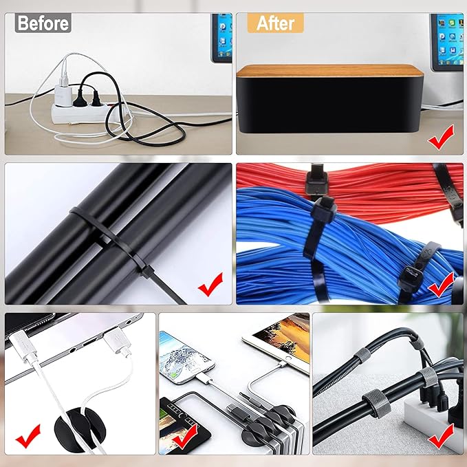 YUANYE Cable Management Box Cable Management Kit for Power Strip to Hide Wires,Cord Organizer Boxes,Safe ABS Material Wire Organizer of Cable Clips Sleeve for Home & Office,3Pack-128PCS /Black