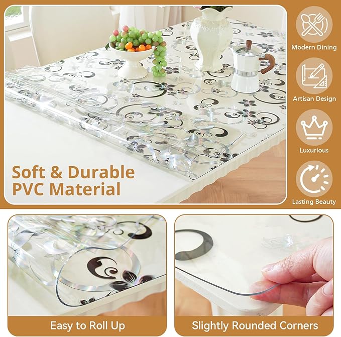 LovePads Floral Clear Table Cover Protector - 30 x 48 Inch Thick Plastic Table Cloth, Waterproof PVC Desk Mat for Dining Room Table, Wood Furniture Topper, Anti-Scratch Desk Pad for Kids Writing,