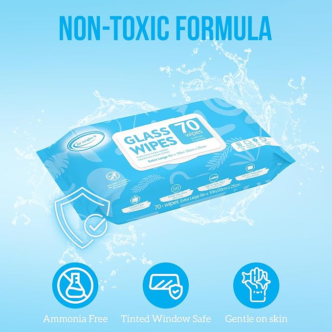 Air Jungles Glass Cleaner Wipes 70 Count, No Cloth Needed, XL 10" x 8" Streak Free Cleaning Wipes for Windows, Mirrors, Car Windshield, Removes Fingerprints, Dust, Dirt, for All Glass Surfaces