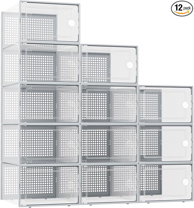 Kuject XX-Large Shoe Storage Boxes Organizers Clear Plastic Stackable 12 Pack, Shoe Rack & Holder Substitute, Sneaker Containers, Shoe Storage Organizer Bins for Closet, Under Bed, Grey (No Fold Line)
