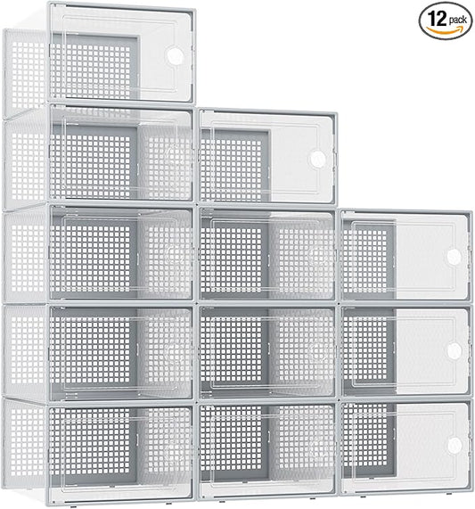 Kuject XX-Large Shoe Storage Boxes Organizers Clear Plastic Stackable 12 Pack, Shoe Rack & Holder Substitute, Sneaker Containers, Shoe Storage Organizer Bins for Closet, Under Bed, Grey (No Fold Line)