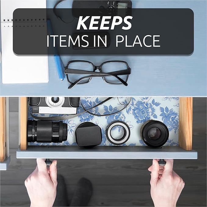 FIFTY FEET 12X120 Inch Shelf Liner for Kitchen Cabinets, PVC Drawer Liner for Dresser Non-Slip Bathroom, Non-Adhesive Cabinet Liner Washable (Blue Flower)(3 Roll)