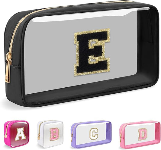 Small Clear Personalized Initial Makeup Bag,Nylon Preppy A-Z Chenille Letter Patch Cosmetic Pouch Beach Toiletry Bag,Waterproof Zipper Travel Purse Storage Bag Organizer for Women Girls(Black-Black E)