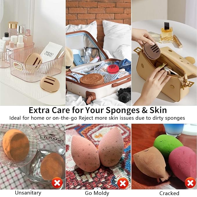 Makeup Sponge Holder,2PCS Double-sided Breathable Silicone Beauty Blender Holder,Integrated Make Up Sponge Travel Case for All Sponges,Black+Pink