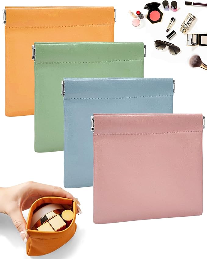 4 Pcs Small Pocket Cosmetic Bag for Purse, Mini Waterproof Lambskin Portable Makeup Bag, Pretty Cute Coin Pouches Lipstick Storage Organizer for Cosmetics Headphones Jewelry