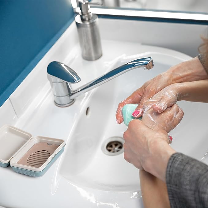 3Pcs Travel Soap Containers with Lid, Portable Draining Soap Bar Holder for Traveling, Camping, Outdoor, Gym, Bathroom, Home (Blue, White, Brown)