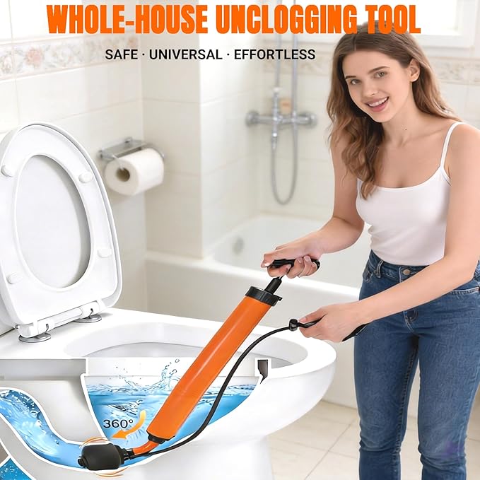 Manual Drain Unclogger, High Pressure Toilet Plunger: No-Splash, No Electricity, No Accessories, Pipe-Safe, Easy to Use, Reusable & Easy to Clean for Toilet, Sink, Bathtub, All Household Pipes