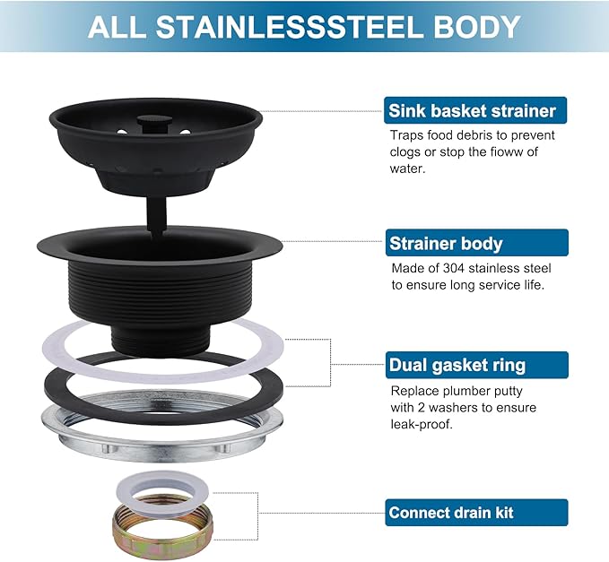 ZM Kitchen Black Sink Stainless Steel Basket Strainer with Drain Assembly, 3-1/2 Inch Sink Drain Stopper Plug
