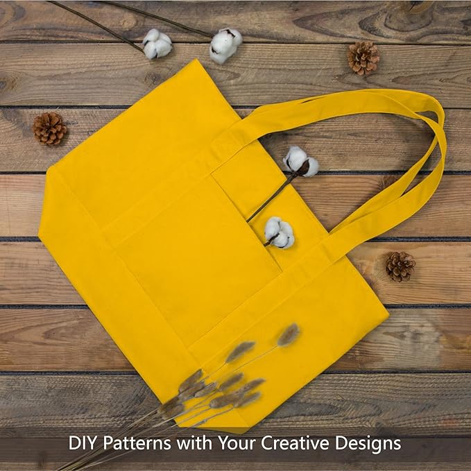 TOPDesign 6-Pack Canvas Tote Bags with an External Pocket, Reusable Grocery Shopping Bags, Top Zipper Closure, Daily Essentials (Yellow)