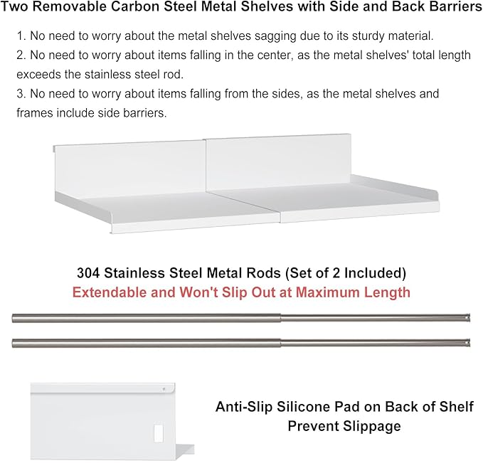 SHINEWON Expandable Under Cabinet Shelf Organizer with 0.94-Inch Thick Clips, Heavy Duty Extendable Under Shelf Storage Basket for Pantry or Laundry Room, White, 2 Pack, Interior: 4.13" H x 8.54" D