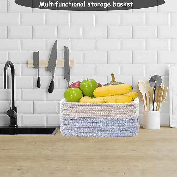 COMFY-HOMI 11.5"x7.5"x4.7" Storage Baskets for Organizing | Cotton Rope Woven Basket | Toy Storage Bin Box | Basket for Shelves, Closet Organizer Bin, Decorative Closet Shelf, 3 Pack, white/bule