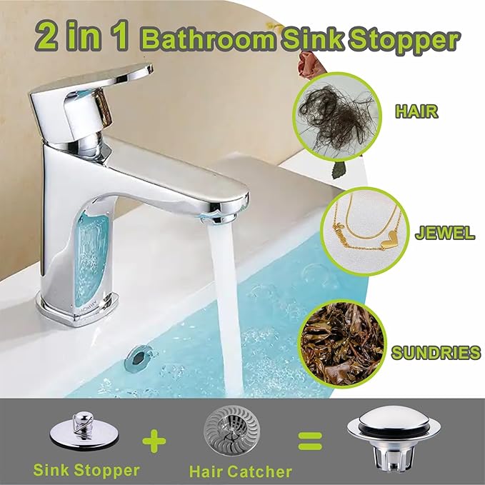 2 Pack Chrome Sink Drain Stopper,Glimflorus Universal 2-in-1 Pop Up Bathroom Sink Stopper with Hair Catcher and Strainer for 1 1/8"-1 1/2" Drain Holes