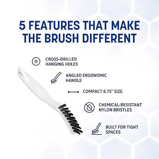 SPARTA Flo-Pac Grout Brush with Nylon Bristles, Scrubber with Handle for Bathroom and Kitchen Tile, 8", White