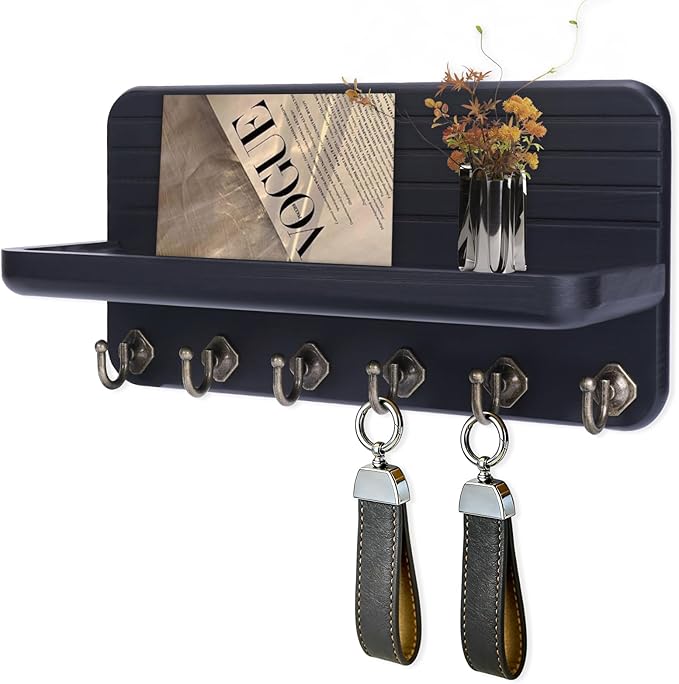 Key Holder for Wall, Mail Organizer Wall Mount with 6 Hooks Wooden Hanging Key Rack for Home Decor, Hallway, Entryway (Black)